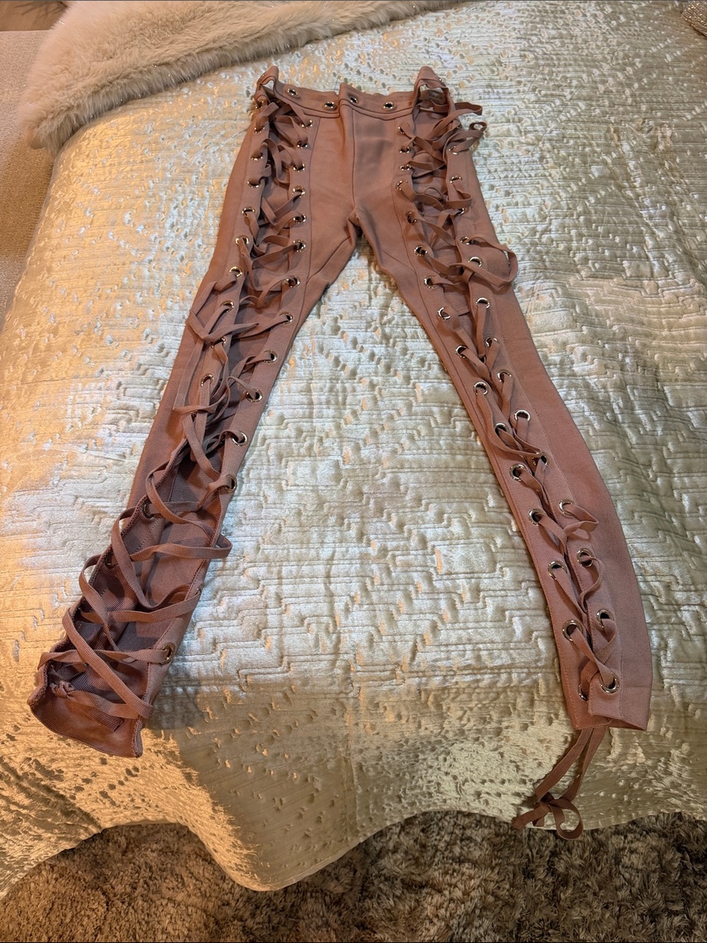 Women's Lace-Up Side Panel stretch pants- Dusty Rose/beige